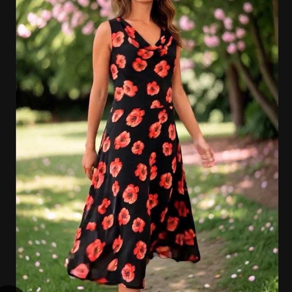 Talbots Coral Poppy Floral Cowl Neck Sleeveless Flare Midi Dress Size 10